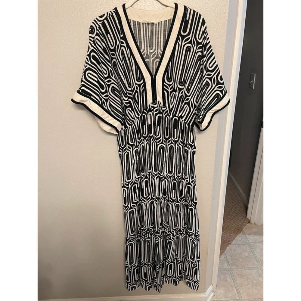 Entro Black Cream Retro Geometric Print Tiered Midi Dress Size Medium